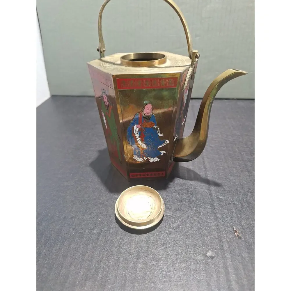 1950s Chinese Hexagonal Brass Teapot Enamel Figures No Taiwan Export Mark!